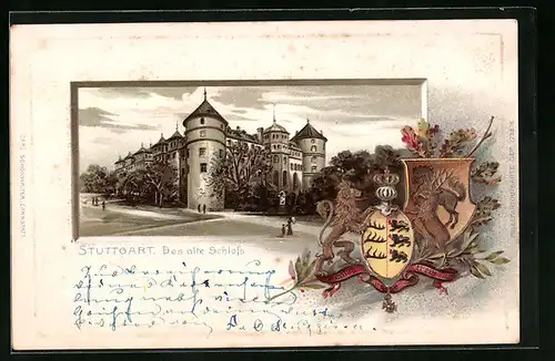 Passepartout-Lithographie Stuttgart, Das alte Schloss, Wappen