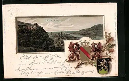 Passepartout-Lithographie Heidelberg, Totalansicht mit Burg, Wappen