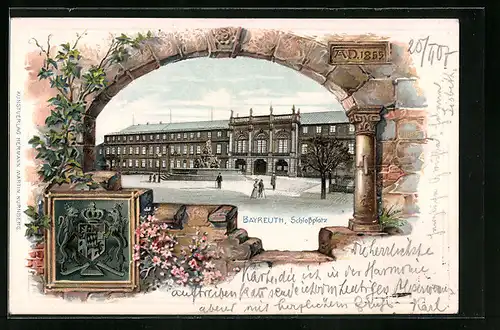 Passepartout-Lithographie Bayreuth, Schlossplatz mit Brunnen, Wappen