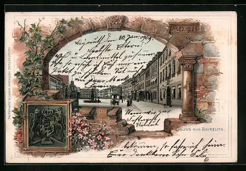 Passepartout-Lithographie Bayreuth, Strassenpartie mit Brunnen, Wappen