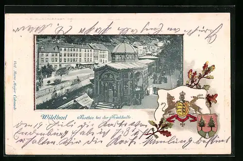 Passepartout-Lithographie Wildbad, Parthie bei der Trinkhalle, Wappen