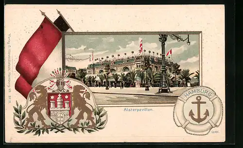 Passepartout-Lithographie Hamburg-Neustadt, Alsterpavillon, Fahnen, Wappen, Rettungsring mit Anker