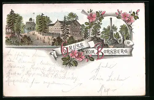 Lithographie Dresden-Rockau, Gasthaus und Turm auf dem Borsberg, Denkmal