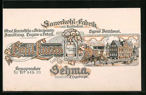 Künstler-AK Sehma /Erzgeb., Gebäude und Hof der Sauerkohl-Fabrik Emil Lucas - Werbekarte
