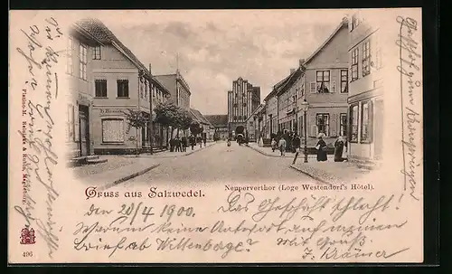 AK Salzwedel, Partie am Neuperverthor mit Loge Westendorfs Hotel