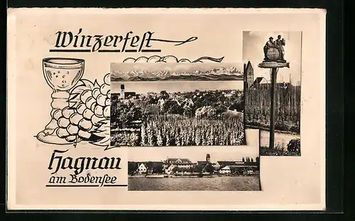 Künstler-AK Hagnau am Bodensee, Totalansicht, Wegweiser zum Gasthof am See, Weinglas