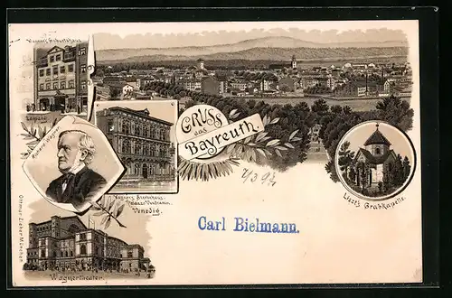 Lithographie Bayreuth, Ortsansicht aus der Vogelschau, Liszts Grabkapelle, Wagnertheater
