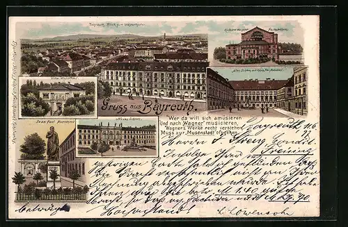 Lithographie Bayreuth, Blick zum Wagnertheater, Festspielhaus, Altes Schloss