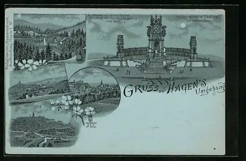 Mondschein-Lithographie Hagen, Waldlust, Hohensyburg, Kaiser Wilhelm Denkmal