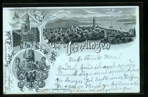 Mondschein-Lithographie Überlingen, Rathaus und Löwenzunft, Ortsansicht mit Bodensee