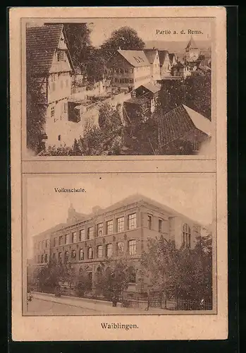AK Waiblingen, Partie an der Rems und Volksschule