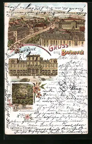 Lithographie Bayreuth, Fantasie, Richard Wagners Grab und Panorama