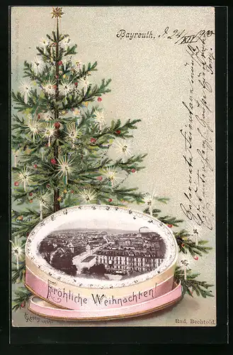 AK Bayreuth, Ortsansicht aus der Vogelschau mit Weihnachtsbaum