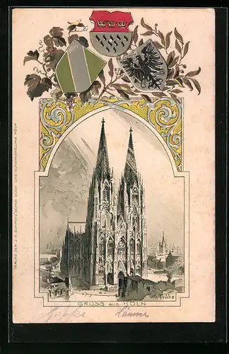 Passepartout-Lithographie Köln, Dom mit Stadtwappen