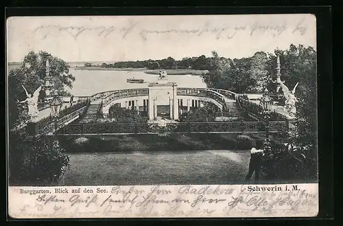 AK Schwerin i. M., Burggarten mit Blick auf den See