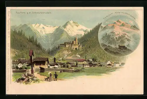 Lithographie Taufers, Ortsansicht gegen den Schwarzenstein