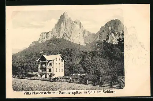 AK Seis a. Schlern, Villa Hauenstein mit Santnerspitze