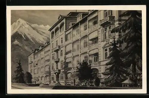 Künstler-AK Meran, Hotel Auffinger mit Bergpanorama