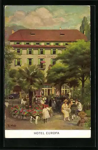 Künstler-AK Bozen, Hotel Europa mit Terrasse und Gästen