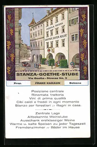 Künstler-AK Bolzano, Stanza-Goethe-Stube (Gasthof Roter Adler) in der Goethestrasse 3