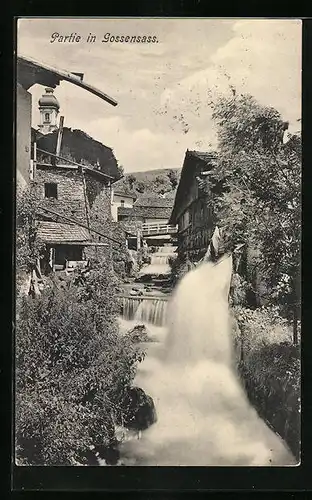 AK Gossensass, Ortspartie mit Wasserfall