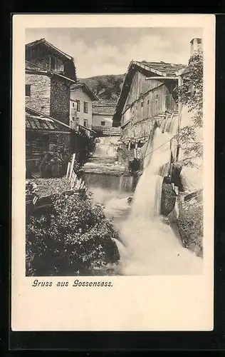 AK Gossensass, Ortspartie mit Wasserfall