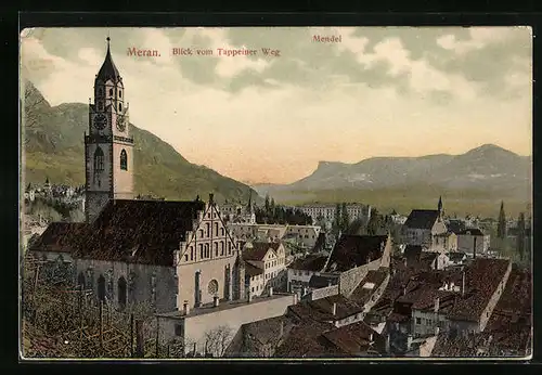 AK Meran, Blick vom Tappeiner Weg mit Kirche und Mendel
