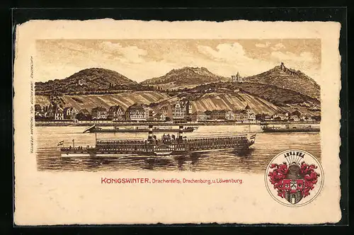 Künstler-AK Königswinter, Drachenfels mit Drachenburg und Wappen