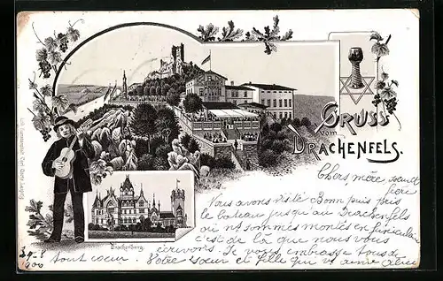 Lithographie Königswinter, Drachenfels mit Drachenburg