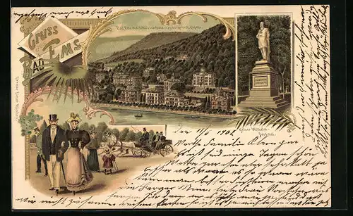 Lithographie Bad Ems, Totalansicht mit Kaiser Wilhelm-Denkmal