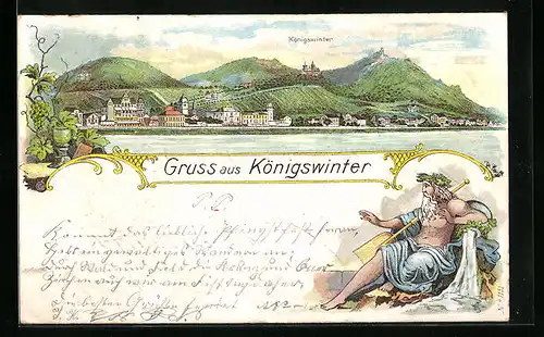 Lithographie Königswinter, Totalansicht mit Uferpartie