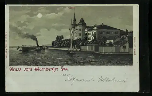 Mondschein-Lithographie Leoni a. Starnberger See, Ortsansicht mit Bootspartie