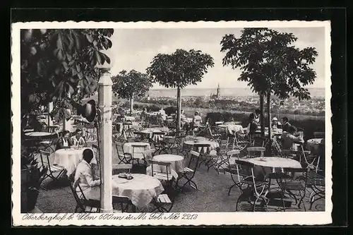 AK Oberberghof b. Ulm, Gaststätte mit Terrassen und Ausblick über die Stadt