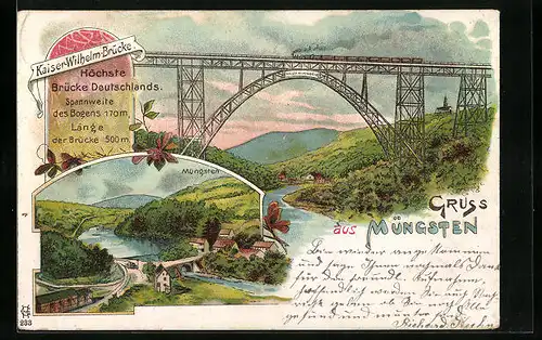 Lithographie Müngsten, Kaiser-Wilhelm-Brücke mit Ortsansicht