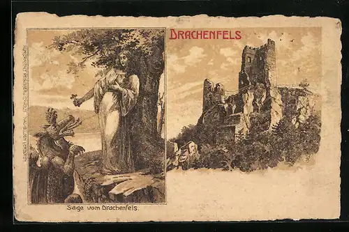 Künstler-AK Königswinter, Ruine Drachenfels, Sage vom Drachenfels