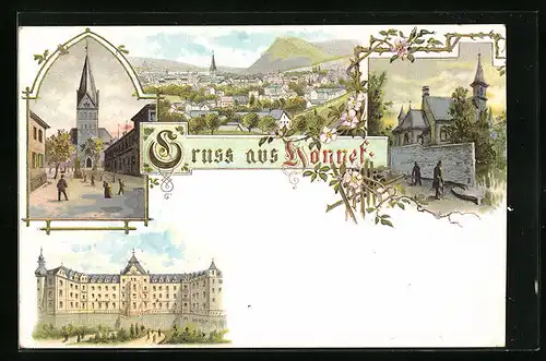 Lithographie Honnef, Strassenpartie mit Kirche, Schloss, Gebäudeansicht