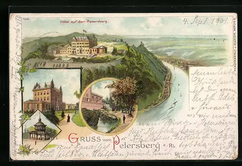 Lithographie Petersberg a. Rh., Hotel auf dem Petersberg, Pavillon, Ortspartie