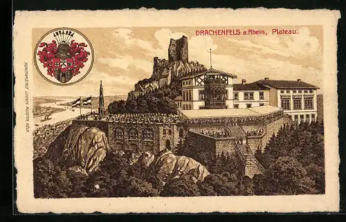 Künstler-AK Drachenfels am Rhein, Plateau mit Ruine, Wappen