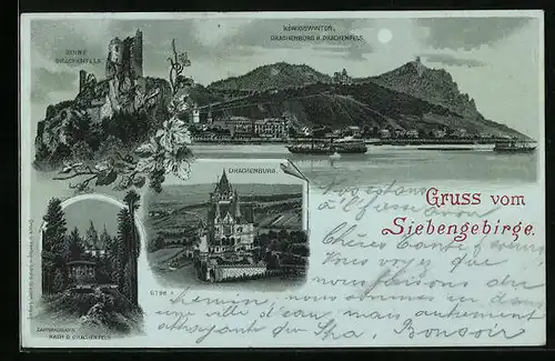 Mondschein-Lithographie Königswinter /Siebengebirge, Drachenburg und Drachenfels, Ruine Drachenfels, Zahnradbahn