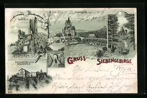 Lithographie Königswinter /Siebengebirge, Restaurant auf dem Drachenfels, Ruine Drachenfels, Drachenburg