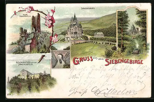 Lithographie Königswinter /Siebengebirge, Restaurant auf dem Drachenfels, Ruine Drachenfels, Drachenburg