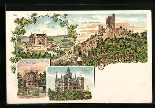 Lithographie Königswinter /Siebengebirge, Hotel Petersberg, Ruine Drachenfels, Drachenburg