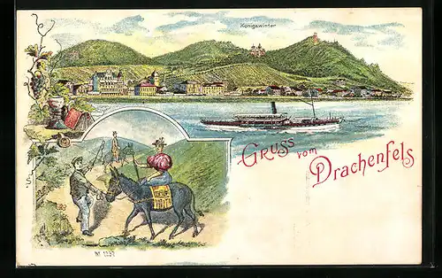 Lithographie Königswinter, Teilansicht mit Drachenfels, Frau reitet auf Esel