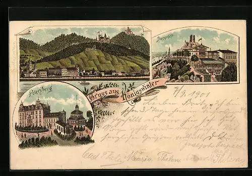 Lithographie Königswinter, Teilansicht, Drachenfels, Petersberg