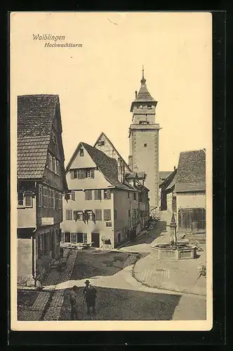 AK Waiblingen, Strassenpartie mit Blick zum Hochwachtturm