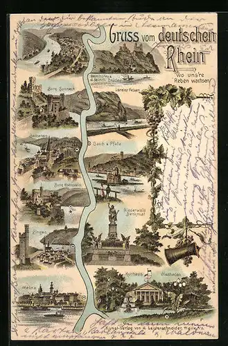 Lithographie Mainz, Städte entlang des Rheins, Loreley Felsen, Niederwalddenkmal
