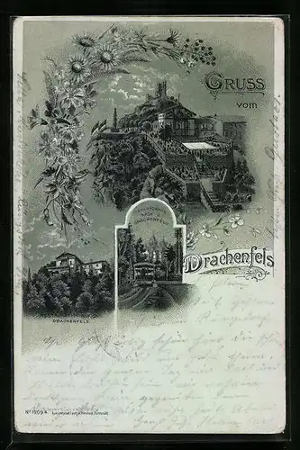Mondschein-Lithographie Königswinter, Festung Drachenfels, Zahnradbahn