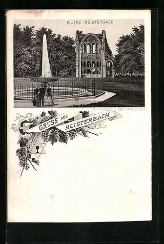 Lithographie Heisterbach, Ruine Heisterbach mit Wasserspiel