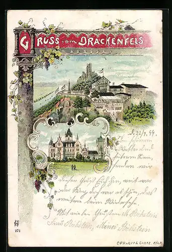 Lithographie Königswinter, Burg Drachenfels mit Gasthaus