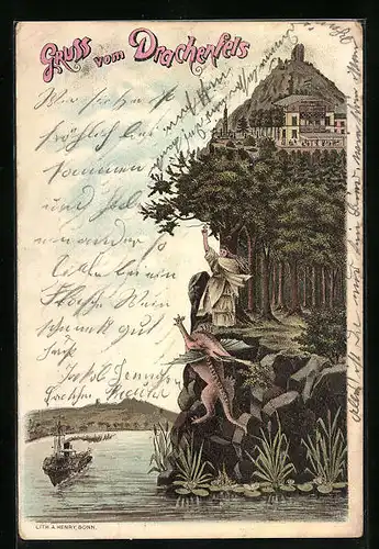 Lithographie Königswinter, Gasthaus am Drachenfels, Germania, Dampfer